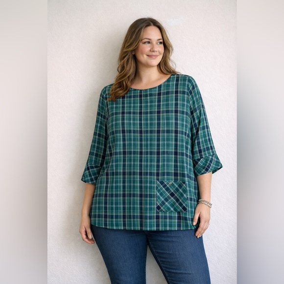 J. Jill Tops - J. Jill Green Blue Plaid Tunic Top 3X NWT Boatneck 3/4 Sleeve Pocket Plus Sz